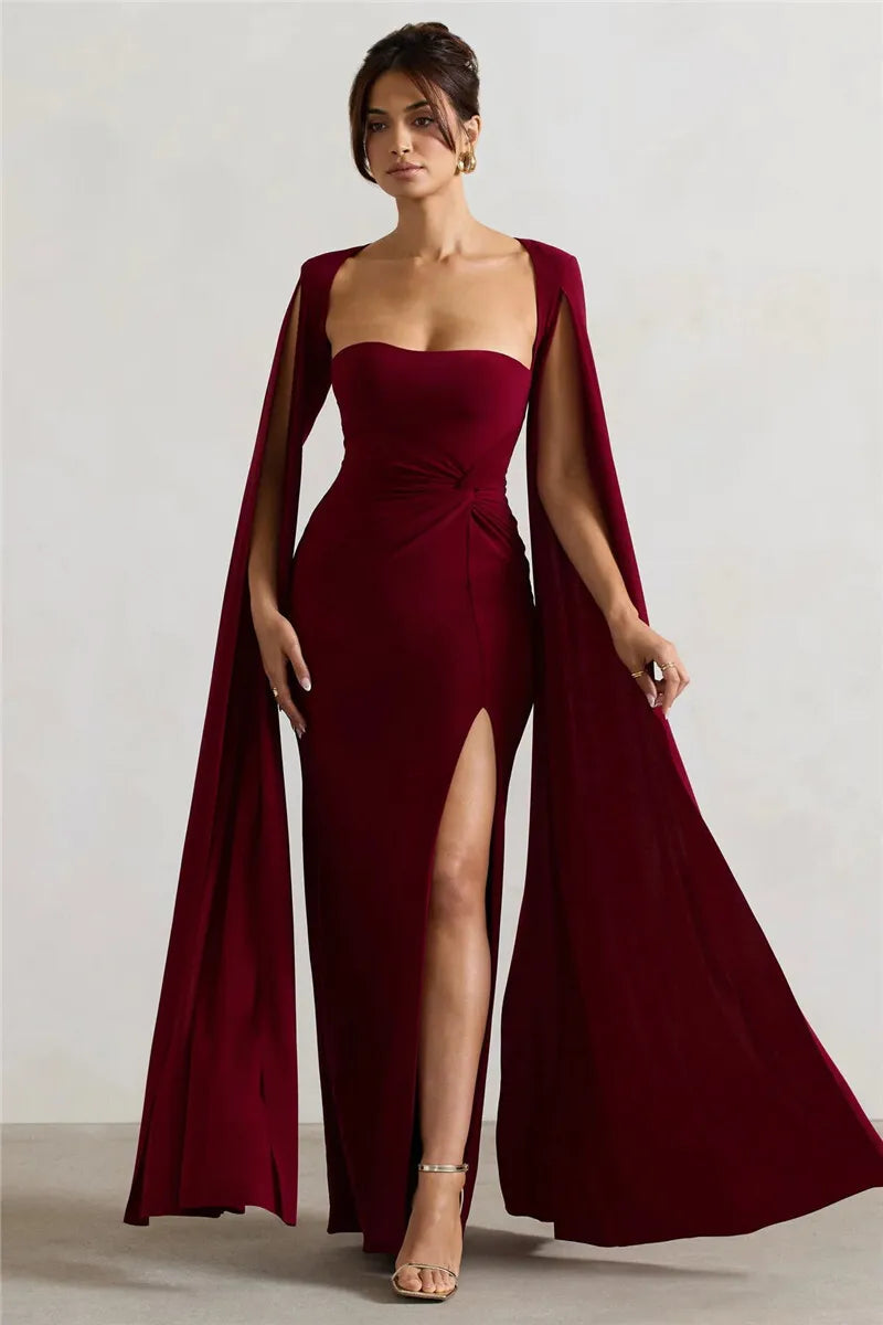 Long Cape Sleeve Split Maxi Dress For Women Gown Fashion Solid Square Collar Evening Sexy Long Dress Elegant New