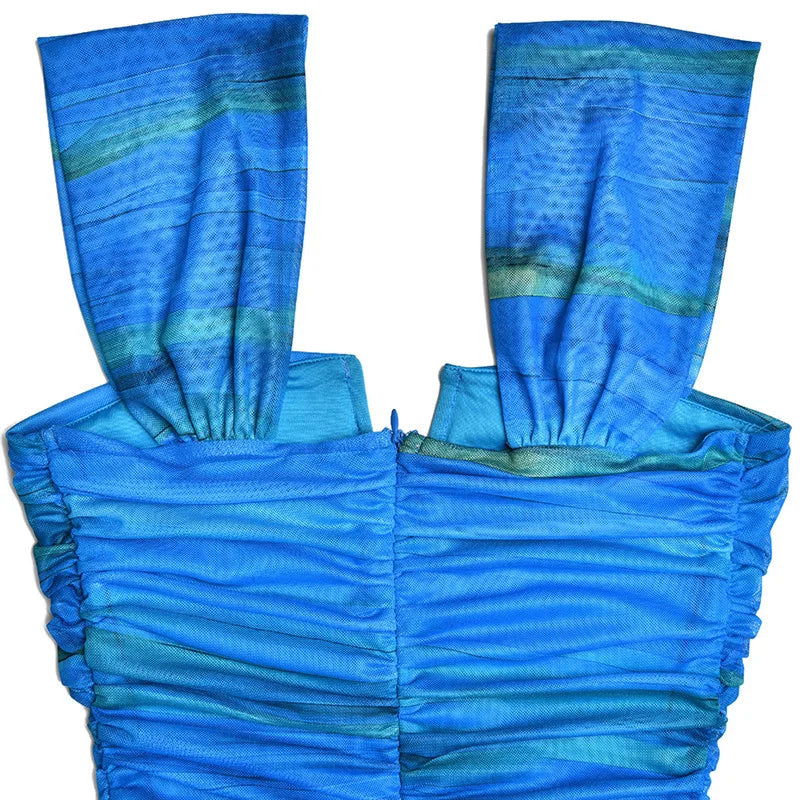 Striped Backless Ruched Midi Dress Women Two Layer Mesh Spaghetti Strap Sleeveless Bodycon Sexy Print Fishtail Dress