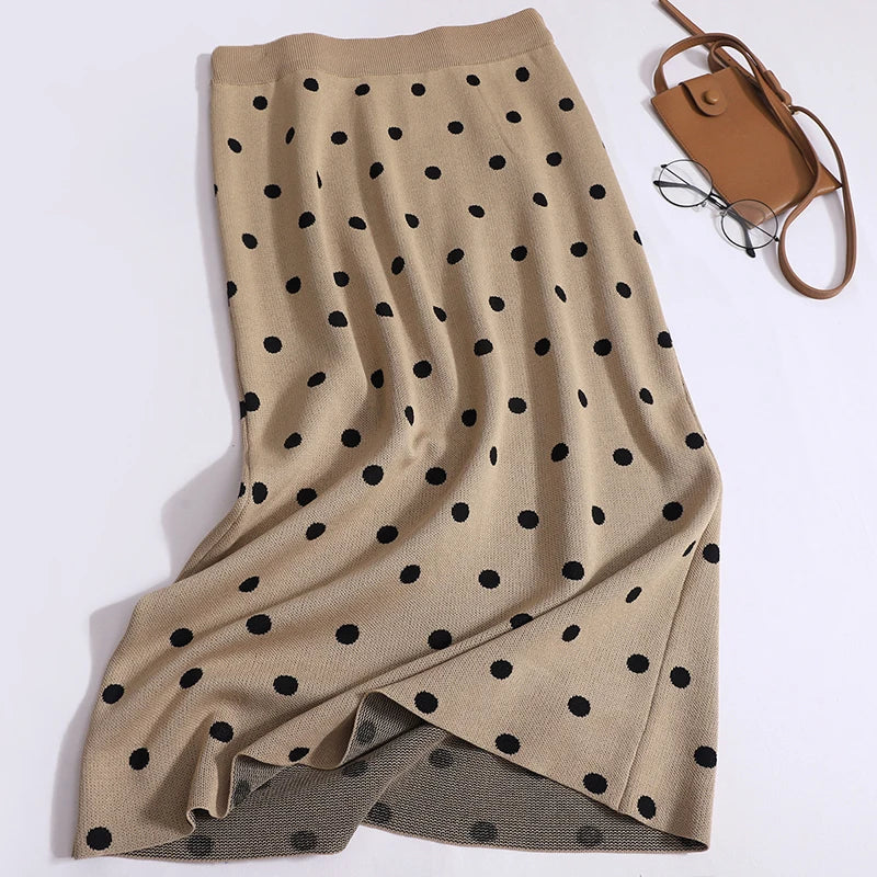 French Retro Summer Set Black Brown Polka Dot Round Neck Short Sleeved Knit T-shirt Top And High Waist Long Skirt Women Suit New