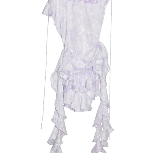 Load image into Gallery viewer, Women Light Purple Printed Ruffles Dress New Asymmetrical Collar Short Sleeve Fashion Tide Spring Summer 2025 1DJ1449
