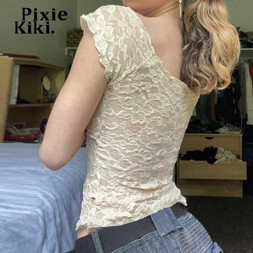 Load image into Gallery viewer, Transparent Jacquard Lace Shirts &amp; Blouses Y2k Coquette Crop Tops French Style Summer Clothes Women 2024 P67-CZ10
