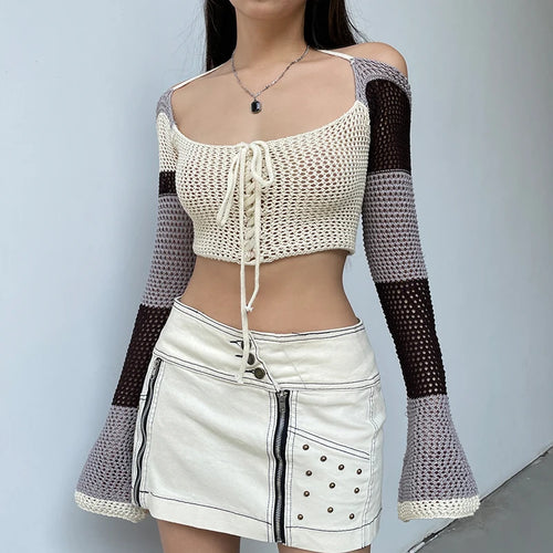 Load image into Gallery viewer, Fairycore Stripe Halter Knitted Sweater Women Flare Sleeve Vintage Pullover Lace Up Short Hollow Out Knit Crop Jumper
