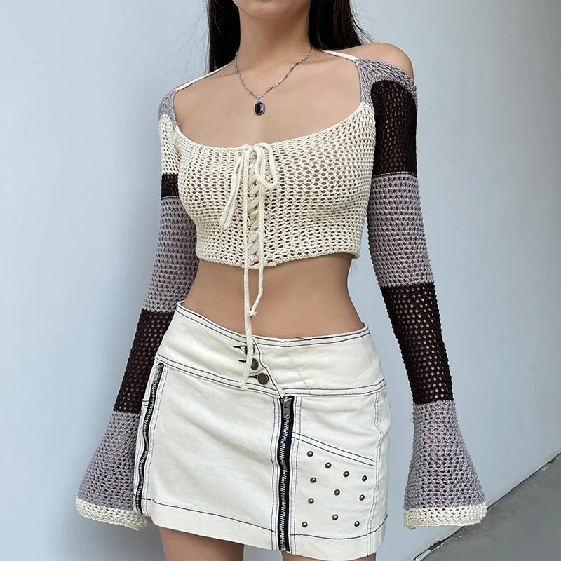 Fairycore Stripe Halter Knitted Sweater Women Flare Sleeve Vintage Pullover Lace Up Short Hollow Out Knit Crop Jumper