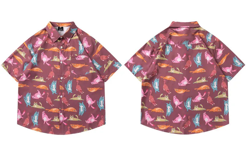 Hawaiian Shirts Streetwear Funny Cartoon Cat Graphic Printed Button Blouse Hip Hop Harajuku Baggy Short Sleeve Summer Beach Tops