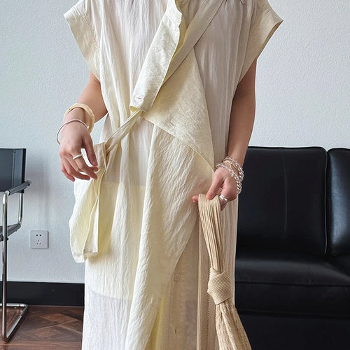 Load image into Gallery viewer, Women  Beige Ruffles Big Size Elelgant Long Dress New Stand Collar Short Sleeve Fashion Tide Spring Summer 2025 1DJ1406
