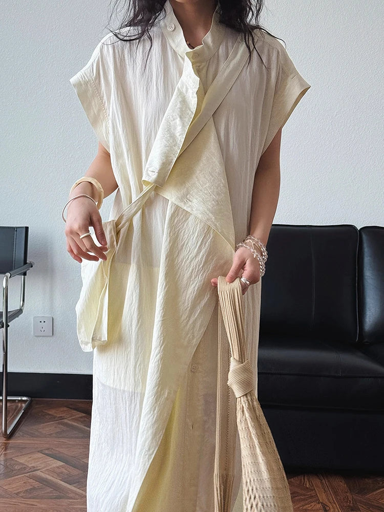 Women  Beige Ruffles Big Size Elelgant Long Dress New Stand Collar Short Sleeve Fashion Tide Spring Summer 2025 1DJ1406