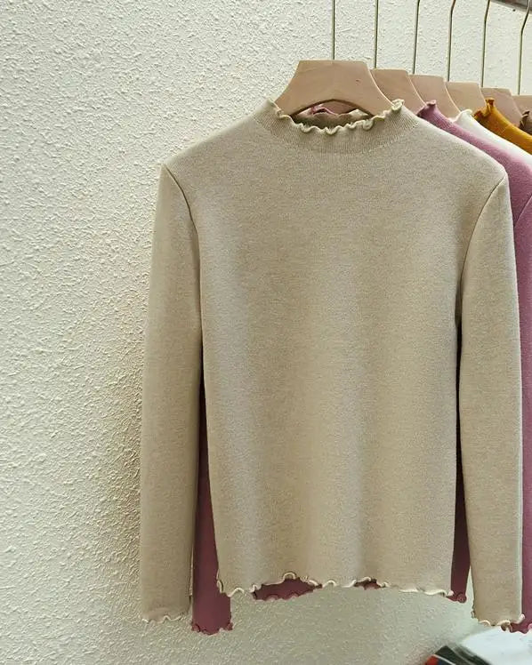 Autumn Winter Korean Solid Half Height Collar Velvet Knit Sweater Women Fashion Warm Long Sleeve Festival Pullovers Tops Casual