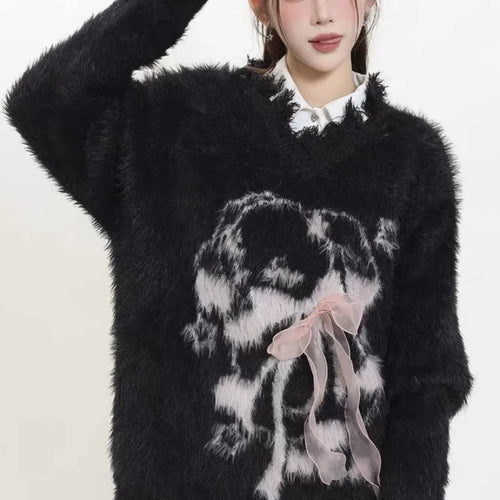 Load image into Gallery viewer, Y2k Aesthetic Women Sweet Cartoon Jacquard Sweaters New Grunge Vintage Bow Hole Jumpers Loose Knitted Harajuku Pullovers Female
