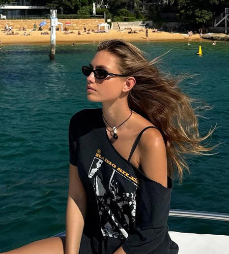 Print Rough Edges t-Shirt Women Slanted Shoulders Skinny Street Simple Classic Summer Trend Leisure Sexy Loose Daily Tops