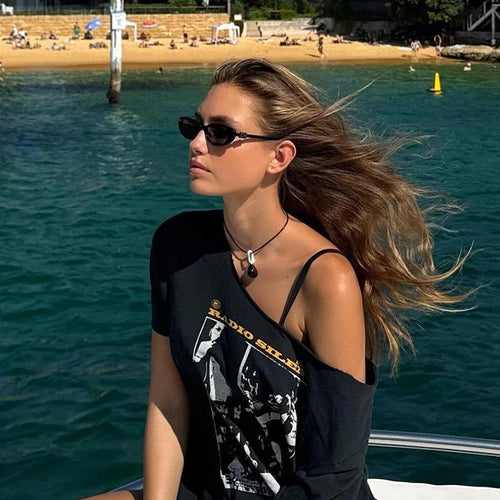 Load image into Gallery viewer, Print Rough Edges t-Shirt Women Slanted Shoulders Skinny Street Simple Classic Summer Trend Leisure Sexy Loose Daily Tops
