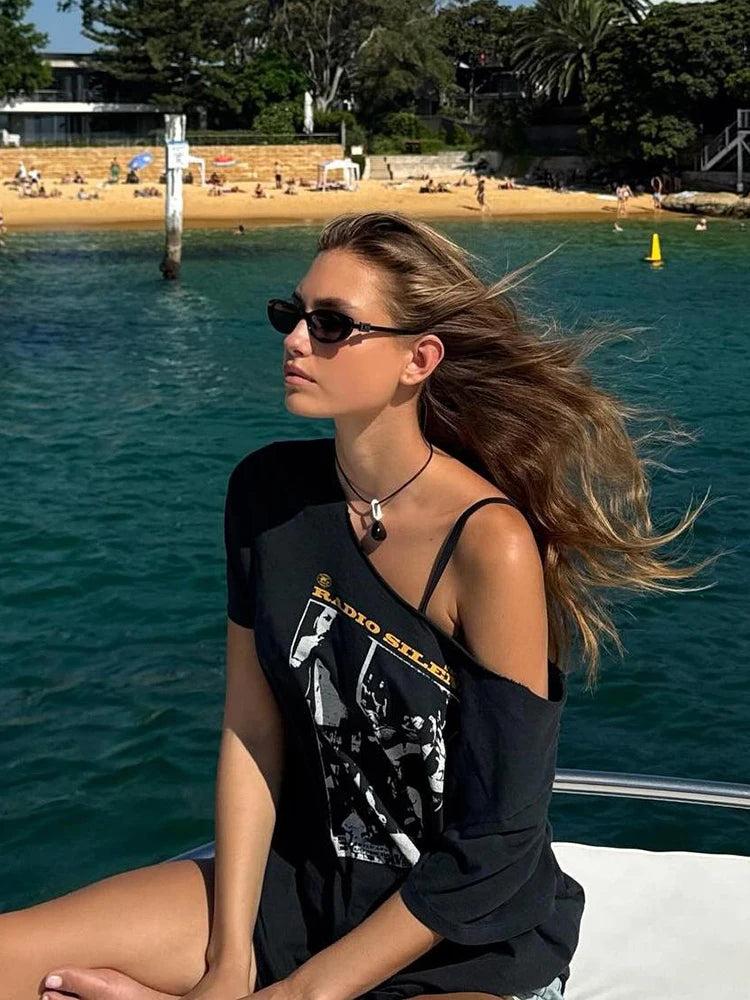 Print Rough Edges t-Shirt Women Slanted Shoulders Skinny Street Simple Classic Summer Trend Leisure Sexy Loose Daily Tops