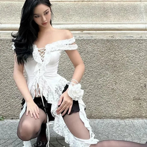 Load image into Gallery viewer, Y2k Aesthetic Lace Patchwork Tops Harajuku Hollow Out Bandage T Shirt Women Slim-fit Grunge Sleeveless Irregular 2025 Tee Femme
