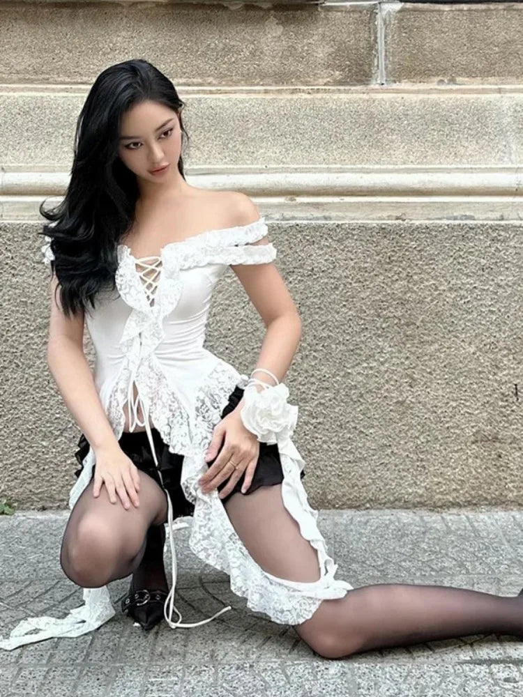 Y2k Aesthetic Lace Patchwork Tops Harajuku Hollow Out Bandage T Shirt Women Slim-fit Grunge Sleeveless Irregular 2025 Tee Femme