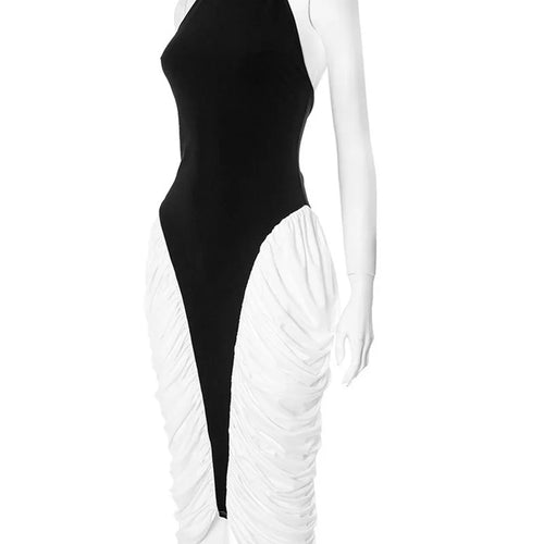 Load image into Gallery viewer, Patchwork Halter Backless Sexy Midi Dress Women Gown Elegant Fashion Contrast Color Sleeveless Pleated Long Dress
