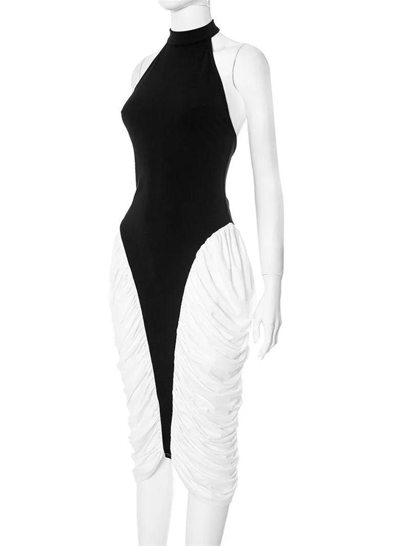 Patchwork Halter Backless Sexy Midi Dress Women Gown Elegant Fashion Contrast Color Sleeveless Pleated Long Dress