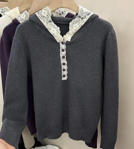 Korean Fashion Vintage Lace Patchwork Elegant Festival Hooded Sweater Women Autumn Winter Long Sleeve Button Short Pullover Tops