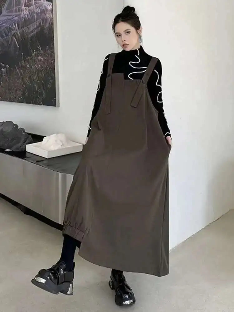 Women Coffee Irregular Spliced Big Size Strap Dress New Square Collar Sleeveless Fashion Tide Spring Autumn 2025 1DJ0050