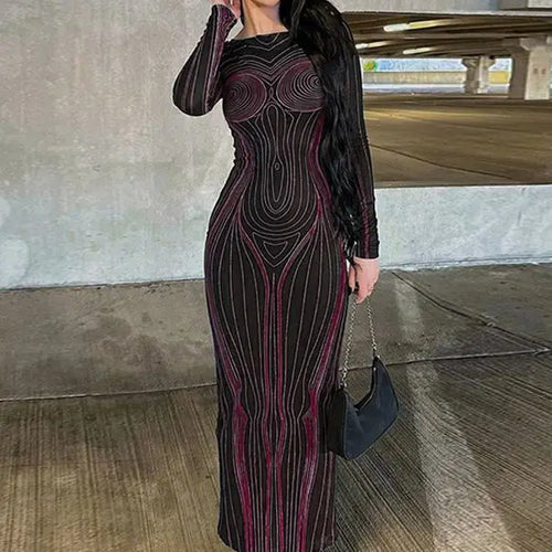 Load image into Gallery viewer, Striped Print Long Sleeve See Through Sexy Bodycon Maxi Dress 2023 Winter Women Y2K Evening Party Festival Clothes
