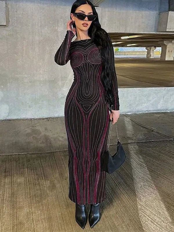 Striped Print Long Sleeve See Through Sexy Bodycon Maxi Dress 2023 Winter Women Y2K Evening Party Festival Clothes