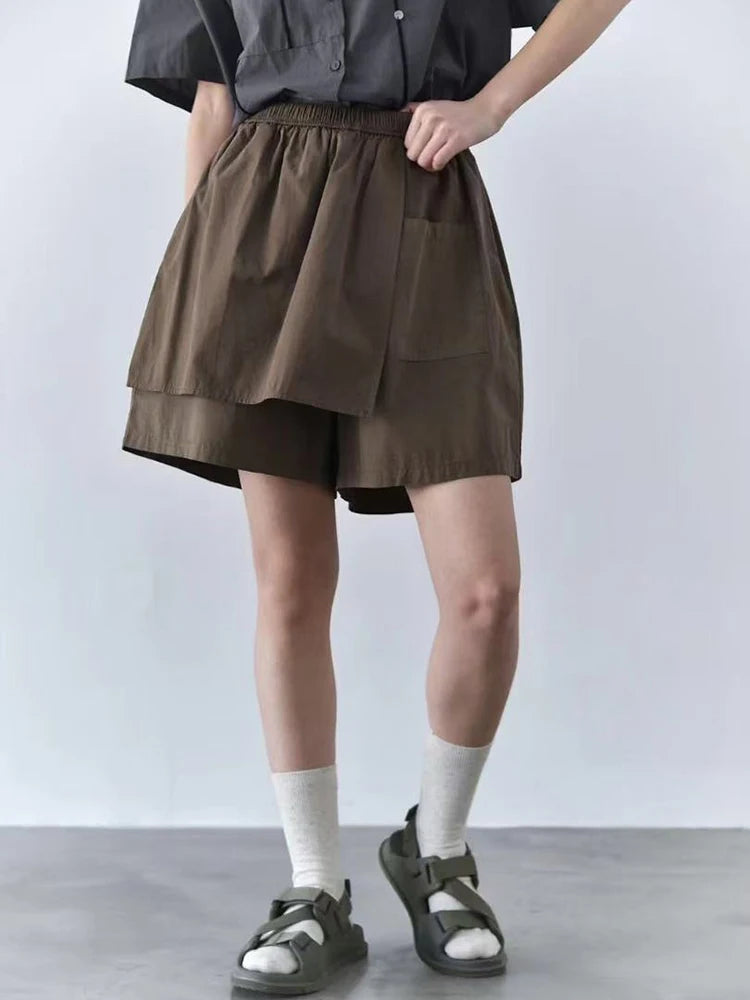 Women Brown Irregular Spliced Casual Wide Leg Shorts New High Waist Trousers Fashion Tide Spring Summer 2025 1DJ1433