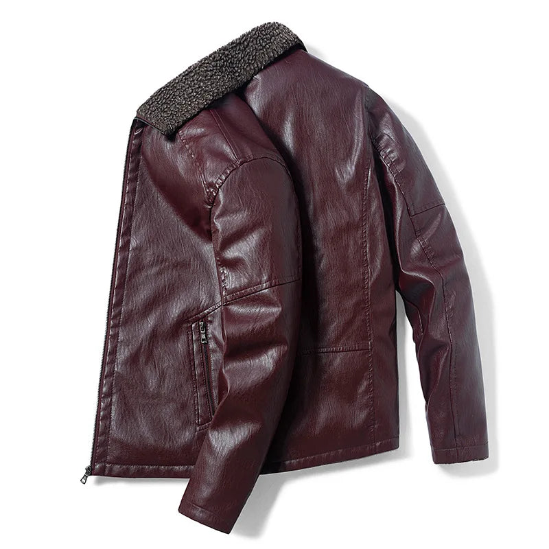 Winter Fleece Thick Leather Jacket Men's Fur Collar Casual Vintage Motorcycle Biker Coat Male Brand Design PU Jacket