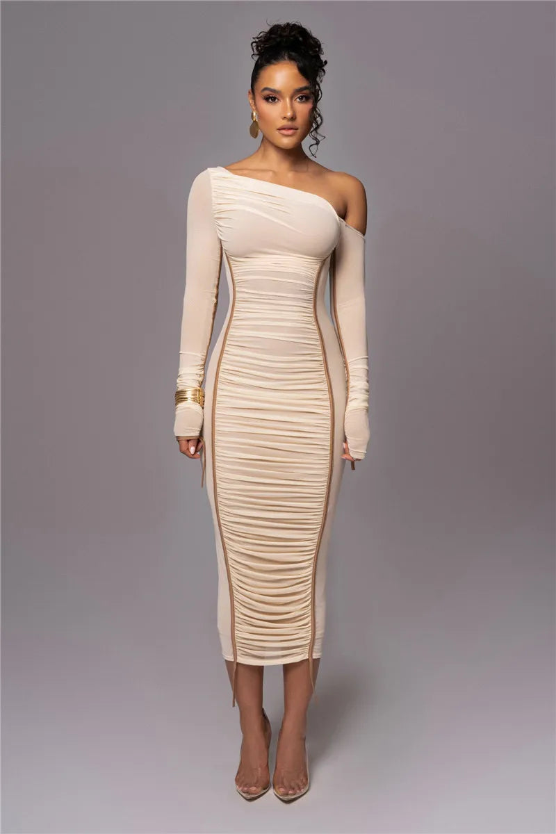 Diagonal Collar Long Sleeve Midi Dress For Women Two Layer Mesh Backless Ruched Bodycon Club Party Sexy Long Dress