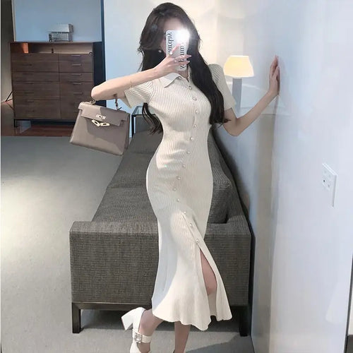 Load image into Gallery viewer, Korean Women's Black Temperament Knitted Office Lady Short Sleeve Dress Summer Beige Single Breasted Split Long Dress Simplicity
