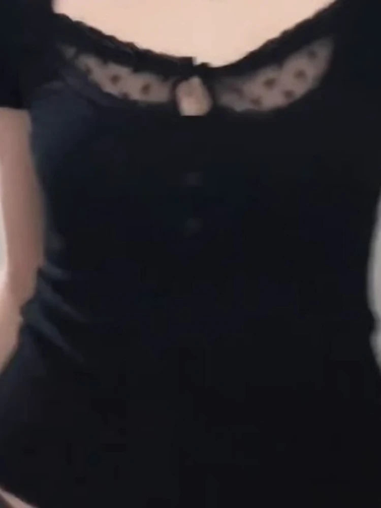 2025 Summer Lace Patchwork Halter Tees  Women Y2k Aesthetic Sexy Hollow Out T-shirt Harajuku Grunge Cropped Bodycon Fairy Tops