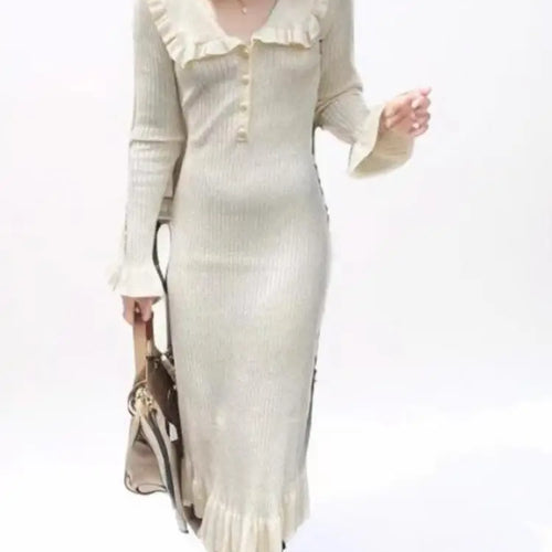 Load image into Gallery viewer, Autumn Winter 2024 Vintage Patchwork Elegant Single Breasted Knit Long Sleeved Dress Women Holiday Slim Ruffles Fishtail Dresses
