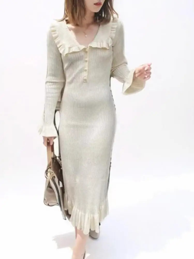 Autumn Winter 2024 Vintage Patchwork Elegant Single Breasted Knit Long Sleeved Dress Women Holiday Slim Ruffles Fishtail Dresses