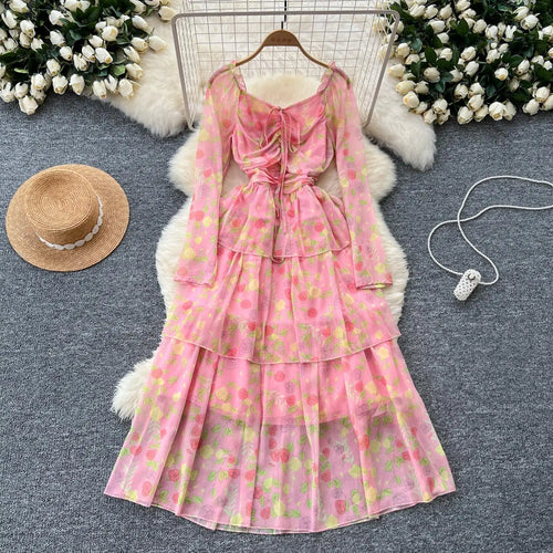 Load image into Gallery viewer, Vintage Autumn Flower Elegant Square Neck Lace-up Cake Dress Women Long Sleeves Festival Pleated Sundress Fashion Bohemian Trend
