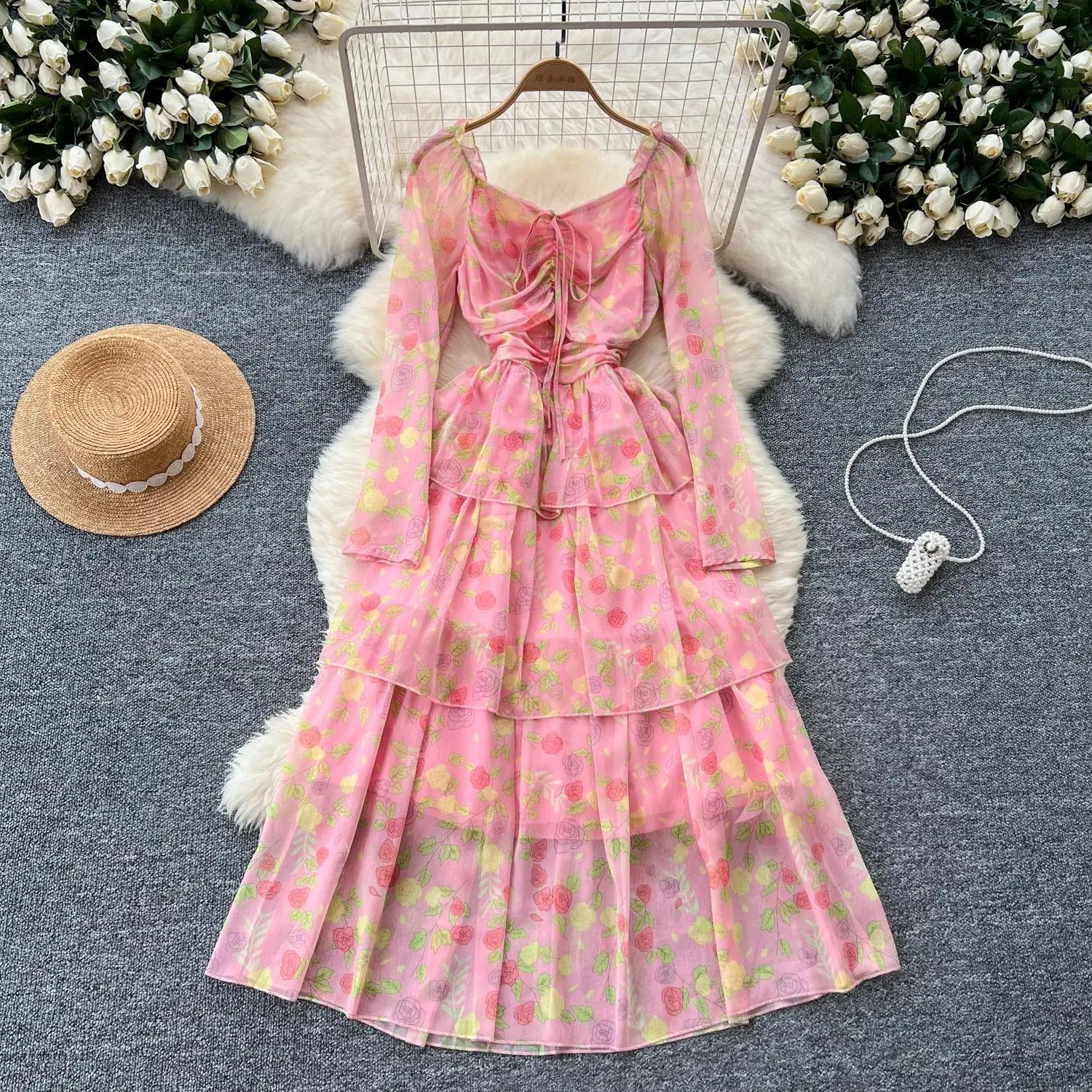 Vintage Autumn Flower Elegant Square Neck Lace-up Cake Dress Women Long Sleeves Festival Pleated Sundress Fashion Bohemian Trend