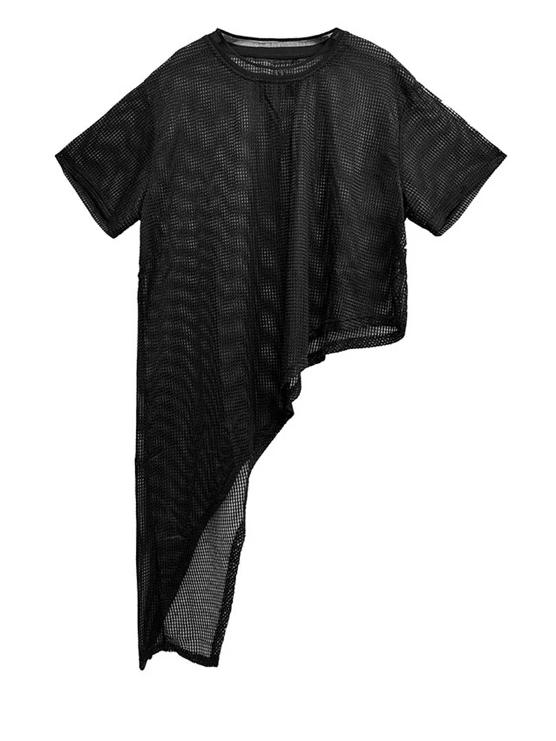 Women Black Grid Hollow Out Big Size Irregular T-shirt New Round Neck Short Sleeve Fashion Tide Spring Summer 2025 1DJ1878