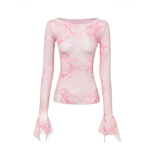 Load image into Gallery viewer, Y2k Aesthetics Mesh Tops Grunge Fairycore Flare Sleeve Crop Top Harajuku See Though T-shirt Korean Chic Designer Clothes
