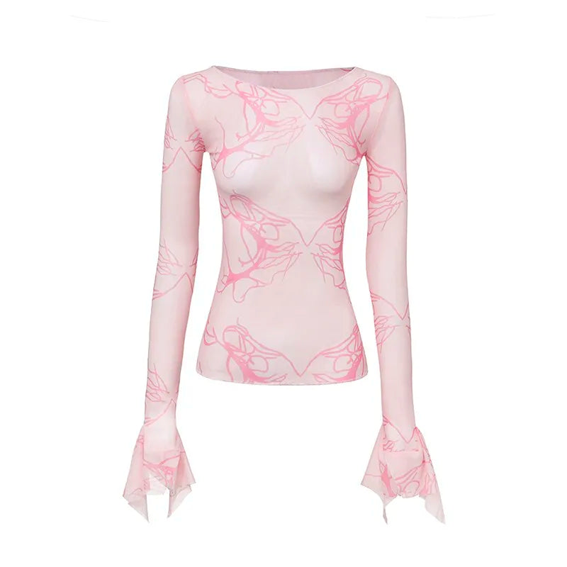 Y2k Aesthetics Mesh Tops Grunge Fairycore Flare Sleeve Crop Top Harajuku See Though T-shirt Korean Chic Designer Clothes