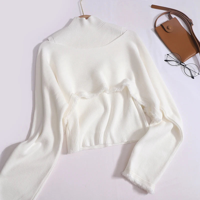 Women Sweet Long Sleeve Pullover Tassel Sweater + Slim Simple Knitted Tank Tops Autumn Winter 2023 New Korean Chic Two Piece Set