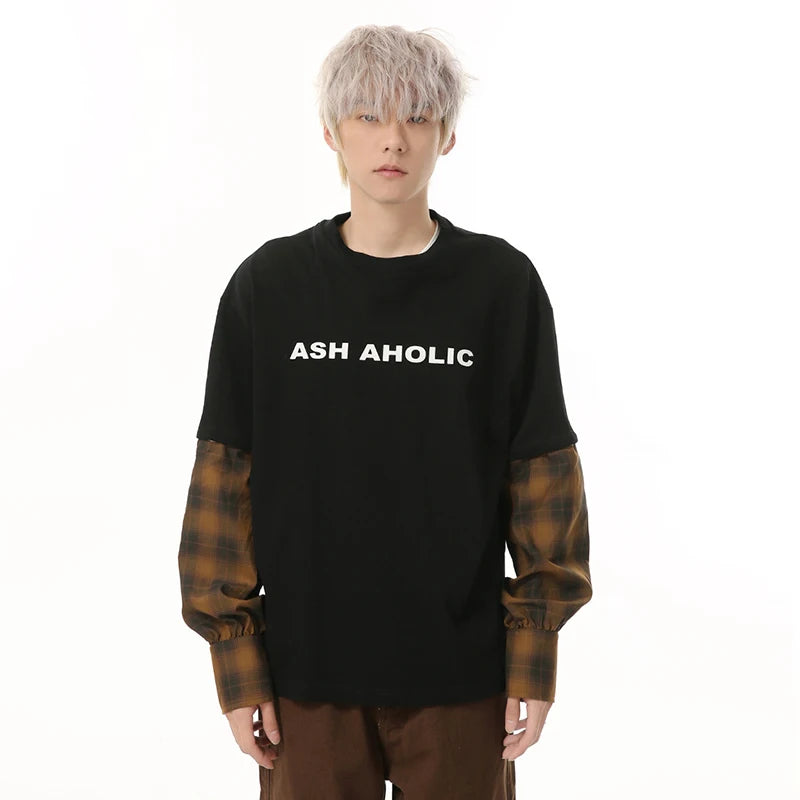 Men's T-shirts New Korean Style Letter Printed Splicing Detachable Plaid Half Sleeve Fashion Causal Menwear Summer 9W1842