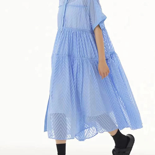 Load image into Gallery viewer, Women Blue Grid Hollow Out Big Size Midi Shirt Dress New Lapel Short Sleeve Fashion Tide Spring Summer 2025 1DJ1208
