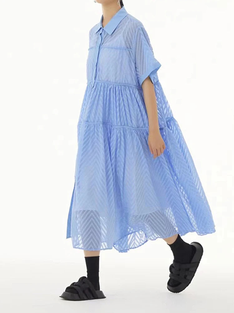 Women Blue Grid Hollow Out Big Size Midi Shirt Dress New Lapel Short Sleeve Fashion Tide Spring Summer 2025 1DJ1208