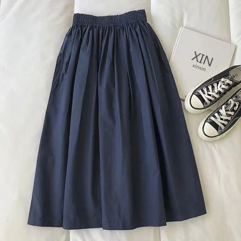 Korean Black White High Waist Vacation Slim Pleated Long Skirt Spring Summe Women Blue Khaki Elegant Workwear A-line Skirt Trend