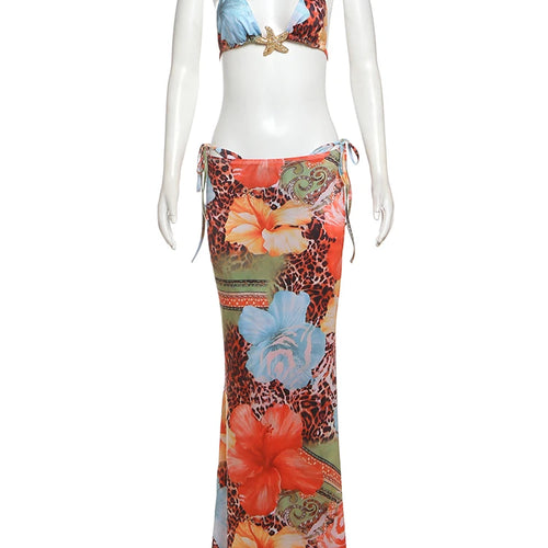 Load image into Gallery viewer, Vacation Women 3 Piece Set Swimsuit Beach Style Colorful Print Bandage Bra+Briefs+Maxi Skirts Midnight Club Party Suit
