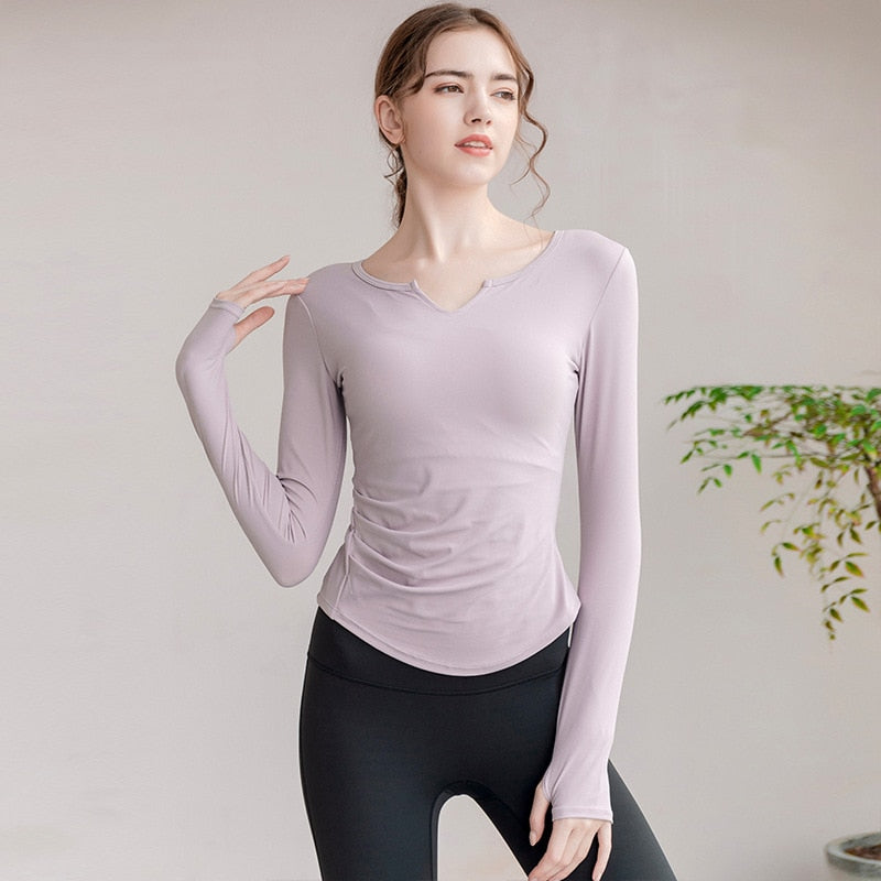 Seamless Long Sleeves Sports Yoga T-shirt V-neck Fitness High-quality Tops Tight Running Gym Activewear Workout Clothes Woman