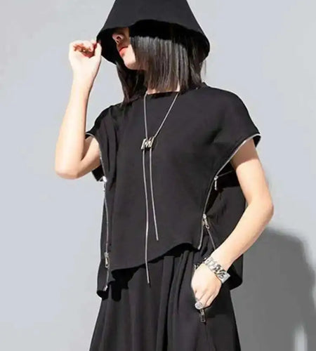 Women Black Zipper Irregular Big Size Casual T-shirt New Round Neck Sleeveless Fashion Tide Spring Summer 2025 1DF7632