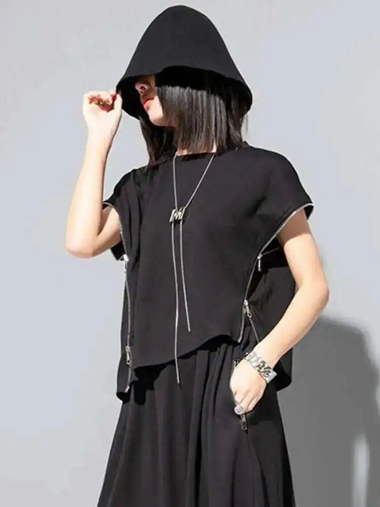 Women Black Zipper Irregular Big Size Casual T-shirt New Round Neck Sleeveless Fashion Tide Spring Summer 2025 1DF7632