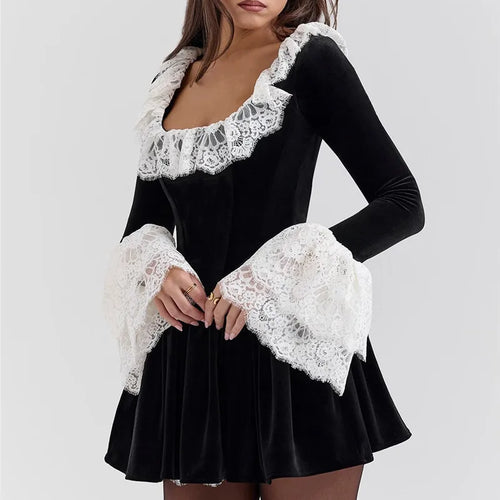 Load image into Gallery viewer, Lace Flare Long Sleeve Sexy Mini Dress Women Black Fashion Square Collar High Waist Pleated Club Party Dress Elegant
