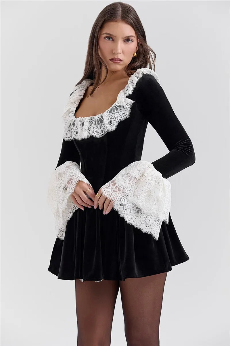 Lace Flare Long Sleeve Sexy Mini Dress Women Black Fashion Square Collar High Waist Pleated Club Party Dress Elegant