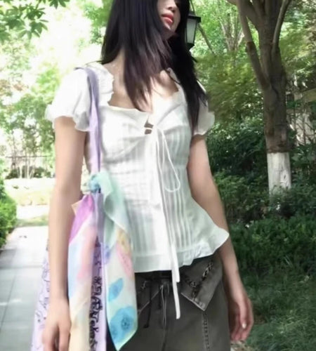 Y2k Aesthetic Ladies Hollow Out Bandage Blouses Harajuku Vintage Grunge Slim Fit Shirt Women Lace Patchwork Sweet Cropped Tops