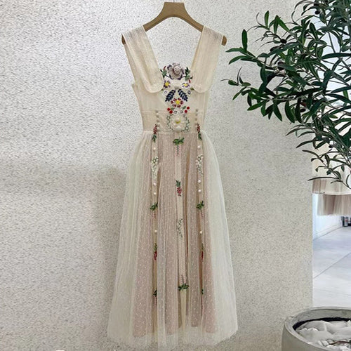 Load image into Gallery viewer, Spliced Mesh Dresses For Women Square Collar Sleeveless Tunic Patchwork Embroidery Elegant Dress Female Clothing
