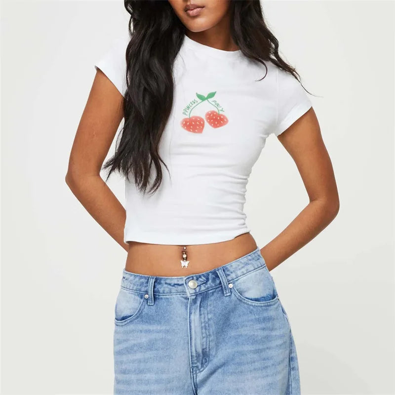 y2k Baby Tee Women Aesthetic Clothes Fruit/Wine Cup Print Round Neck Short Sleeve Crop Top Graphic T Shirt Streetwear