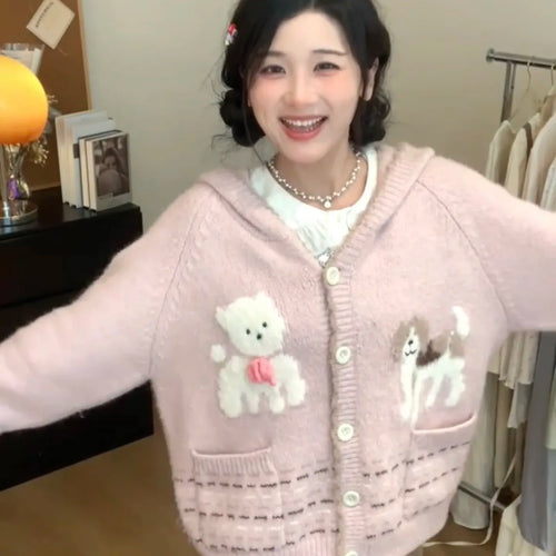 Load image into Gallery viewer, Y2k Aesthetic Cartoon Jacquard Knitted Hooded Cardigan Kawaii Cute Casual Women Pocket Sweater Sweet Single Breasted Loose Tops
